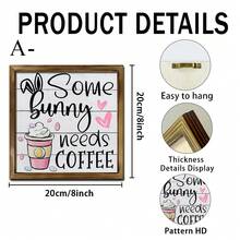 1pc Vintage "Bunny Needs Coffee..." Wooden Sign, 8x8 Inches, Farmhouse Style, Suitable For Kitchen, Bathroom, Living Room, Home Decor, Classic Style, Housewarming/Easter Decoration - Multicolor - View 11