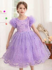 Elegantes Partykleid für Kleine Mädchen mit Lavendel-Spitze, Mesh-Stickerei, Prinzessinnenkleid geeignet als Geburtstagsgeschenk für Mädchen, für Bankette, Hochzeitszeremonien, wichtige Anlässe, Festivalfeiern, Bühnenauftritte - Violett - Übersicht 6