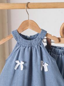 2件套女童韩版时尚蝴蝶结荷叶边无袖吊带背心和荷叶边拼接裤套装 - 淺藍色 - 查看 3