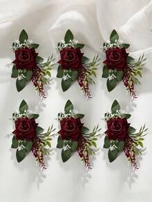 1pc/6pcs Burgundy Rose Flower With Faux Green Leaves, Romantic Boutonniere Suitable For Groom, Groomsmen, Bride, Bridesmaids, Wedding, Anniversary, Banquet - Burgundy - View 1