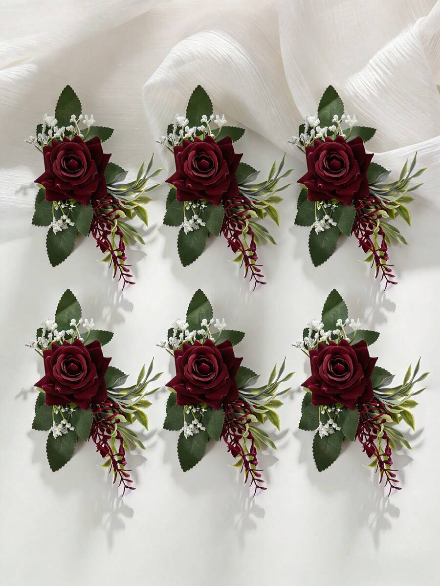 1pc/6pcs Burgundy Rose Flower With Faux Green Leaves, Romantic Boutonniere Suitable For Groom, Groomsmen, Bride, Bridesmaids, Wedding, Anniversary, Banquet - Burgundy - View 1