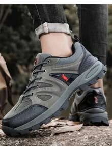 加大码男士徒步鞋，户外登山鞋，登山运动鞋，双层抓绒+TPR鞋面，系带防滑橡胶鞋底，适合户外徒步、狩猎等各种活动，四季皆宜 - 灰色 - 查看 1