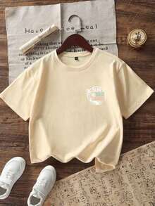 Camiseta de cuello redondo de manga corta con estampado gráfico informal para niño preadolescente, top de verano - Albaricoque - Ver 5