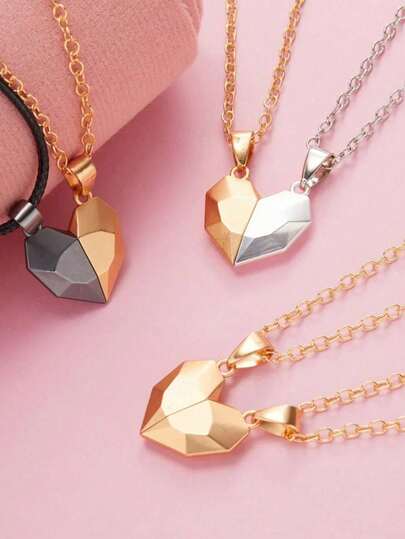 Magnetic Heart Couple Necklace 2Pcs Valentine's Day Gift For Her Best Friend Lovers Wedding Party Jewelry Sweater Chain Magnetic Clasp Romantic Present For Girlfriend Wife Couples Matching