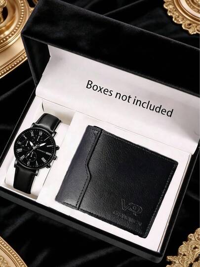 一款青少年石英手表，配有PU皮表带、双时区显示表盘，并附赠一个时尚钱包。适合作为父亲节礼物/开学礼物。