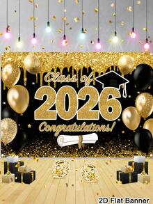 1pc Graduation Banner Background, Class Of 2026 Congrats Grad Pattern Backdrop, Black Gold Background Cloth, Indoor Outdoor Wall Decor, Graduation Decorations 2026 High School College Party Supplies, Room Home Decor - Black Gold-02 - View 11