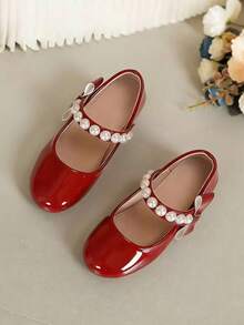 1 Pair Cute Red Mary Jane Flats For Girls, Decorated With Pearls And Bows, Round Toe Design, Suitable For Spring, Summer, Autumn, Winter, Daily Wear, School, Parties And More, Showcasing Charming Style. - Red - View 4