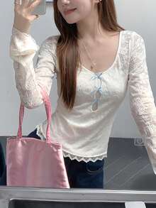 Women's White Lace Bow T-Shirt, Sweet & Sexy Street Style, Long Sleeve Undershirt For Spring/Summer - White - View 4