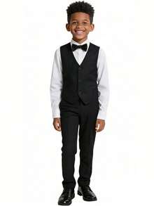 5pcs/Set Boys' Vest Suit, Children's Wedding Outfit, Includes Vest, Pants, Shirt, Tie And Bow Tie, Black Suit For Boys Communion Scouts Uniform - Black - View 2