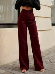 Women's Casual Elegant Straight Leg Pants, Essential Back-To-School Item, Asymmetric V-Waistline Accentuates Curves, Suitable For Daily Wear, Office, Dates, Vacation And More - 酒紅色 - 查看 6