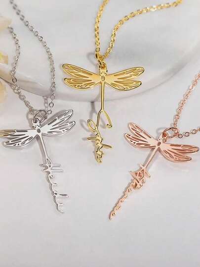 1pc Personalized Customized Jewelry, Dragonfly Pattern, Customized Text Name, Anniversary Gift, Daily Dressing Gift, 18k Gold Stainless Steel Jewelry Necklace, Including Gift Box, As A Daily Gift, Valentine's Day Gift