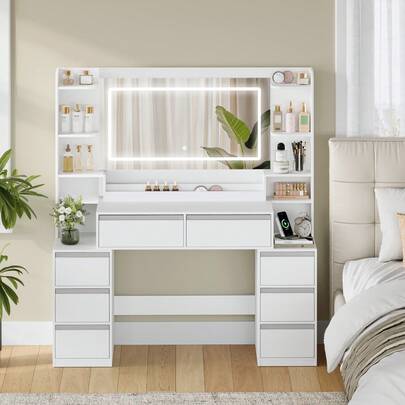 HEXCELEN Dressing Table With Mirror, Vanity Desk, Adjustable 3-Colour LED Lights, Makeup Desk With Plug, Hairdryer Holder, 8 Drawers, Open Storage Spaces, 40 * 135 * 145.2 Cm, Modern, White