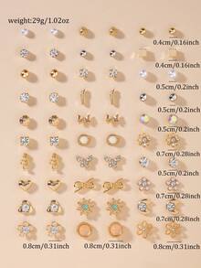 Bộ 30 đôi bông tai đính ngọc trai giả kim loại tối giản, hình hoa, trái tim, nơ, quà tặng cho phụ nữ. - Vàng - Xem 6