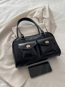 1pc Minimalist Retro Zipper Tote Bag, Decorated With Pockets, Dual Handles, Suitable For Women's Casual Daily And Commute Use - Black - View 3