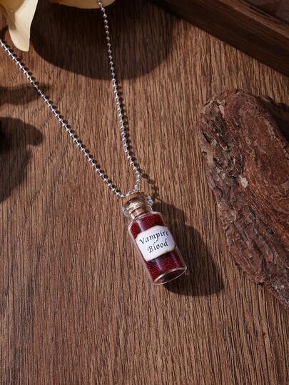 1 pieza Collar de Sangre de Vampiro, Colgante de Frasco de Vidrio con Sangre de Vampiro, Tono plateado, Adecuado para uso diario