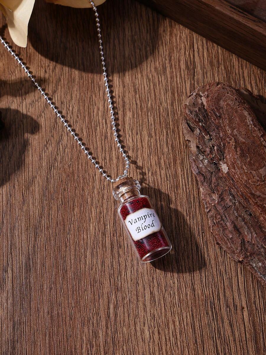 1pc Vampire Blood Necklace Vampire's Blood Glass Vial Pendant Charm Pendant, Silver Tone, Suitable For Daily Wear - Red - View 1