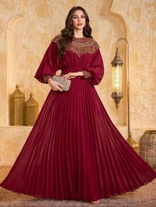 SUPGIR Women's Round-Neck Lantern Sleeve Sequin Patchwork Chiffon Ruched Design Temperament Elegant Slim-Fitting Evening Dress - Burgundy - View 3