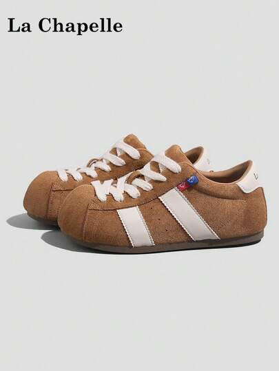 1双 La Chapelle 女士厚底系带软底休闲鞋，低帮户外平底鞋，圆头低跟防滑纯色优雅软底徒步鞋，适合学生毕业照穿着，女士低帮皮质运动滑板鞋