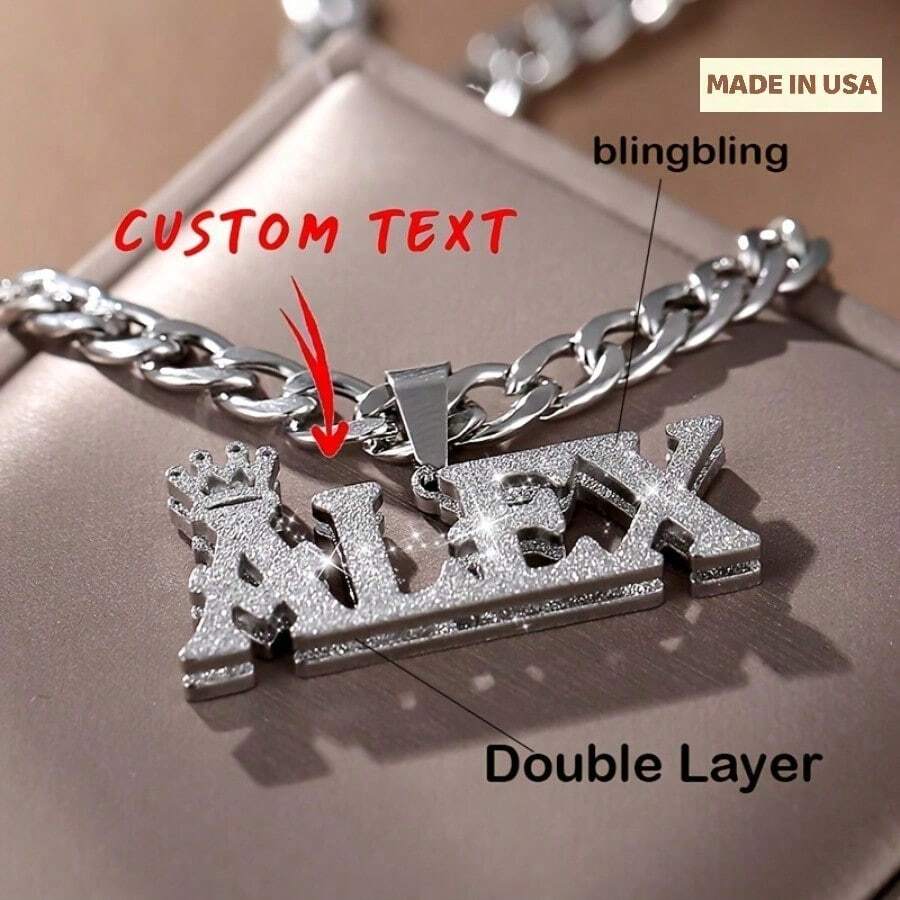 Customized Name Double Layer Necklace Personalized Crown Double Nameplate Pendant Stainless Steel Cuban Chain Fashion Simple Men's Jewelry Blingbling Spring And Summer Customized Accessories King's Day Birthday Gift For Boyfriend Father's Day Gift, Wedding Fashion Jewelry - Multicolor - View 1