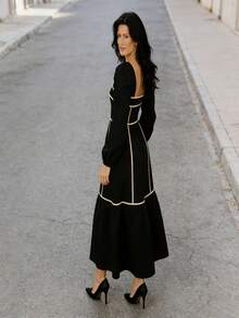 Women's Casual Long-Sleeved Square-Neck Backless Mid-Length Dress - Black - View 3