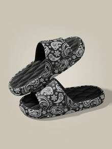 Ciabatte da uomo taglie forti 48-49 con stampa a fiori di anacardi, morbide ciabatte da bagno in EVA antiscivolo, con motivo graffiti per l'esterno, sandali infradito da indossare in estate durante le vacanze - nero - Visualizzare 7