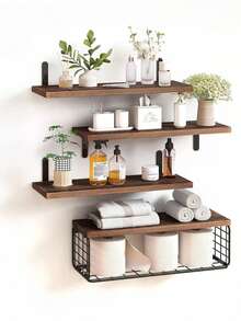 Floating Wall Shelf, 4-Tier Shelf For Bathroom, Kitchen, Bedroom - Coffee Brown - View 8