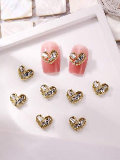 10pcs Luxury Crystal Heart Shaped 3D Alloy Nail Art Decorations, DIY Nail Jewelry, Gift For Girls, Nail Gems, Nail Supplies, Multifunctional DIY Accessories For Nails, Phone Cases, Shoes, Clothes, Bags, Crafts