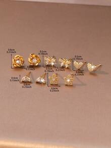 10件/套暖金色甜美7日耳环礼盒装，5对独特锆石心形/花朵/蝴蝶结耳环套装，精致通勤款，ins风，适合日常搭配/节日礼物，小众礼盒包装，美白处理，耳环款式不重复 - 耳環套裝 - 查看 5