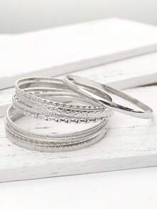 10pcs Bohemian Style Wavy Pattern Smooth Surface Textured Bracelet Set, Multi-Element Stacking Bangle Bracelets For Women (Suitable For Gifts, Parties, Evenings, Daily Wear) - Silver - View 6
