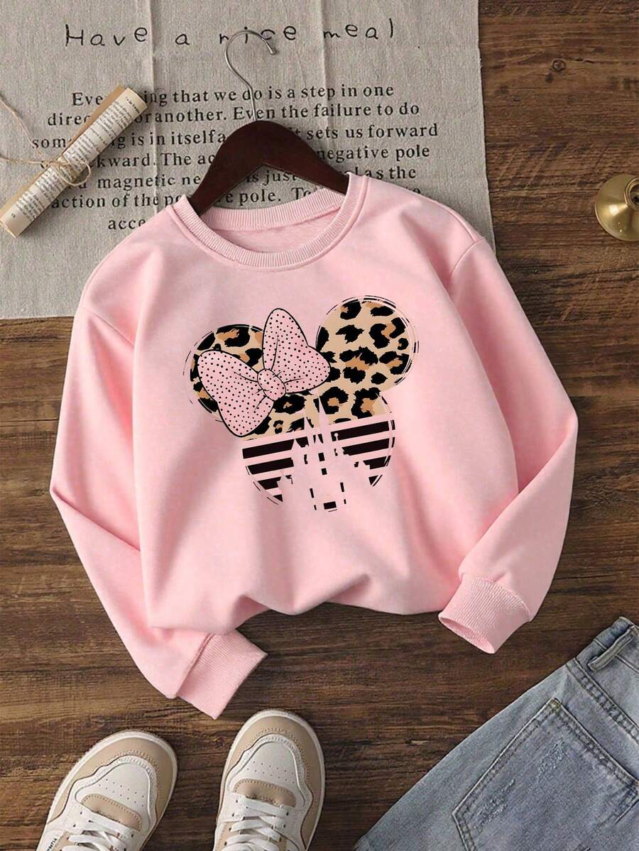 1pc Disney Everyday Minnie Mouse Mixed Pattern Heart-Shaped Ear Graphic Tween Girl Whimsical Sweatshirt - Cozy & Easy To Care For Weekend Outings & Friend Hangouts - Hồng - Xem 1