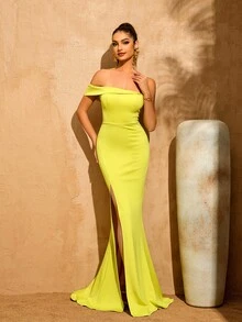 LOVE&LEMONADE Đầm dạ hội dài màu xanh lá chanh thanh lịch dành cho nữ, thiết kế bất đối xứng, hở vai, lưng, xẻ tà, thích hợp cho tiệc mùa xuân và đám cưới. - Màu xanh chanh - Xem 4