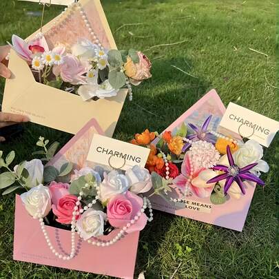 3 piezas Cajas de regalo con sobre y flor elegantes (con cadena de perlas) - Diseñadas con notas de amor, adecuadas para regalos del Día de San Valentín, boda, Día de la Madre/Graduación/Día del Maestro - Conservador de canasta floral DIY, recipiente reutilizable, caja de recuerdos ligera, conjunto de regalo romántico, bolsa de almacenamiento para bodas y artículo de compras sentimental, cajas de regalo para hornear