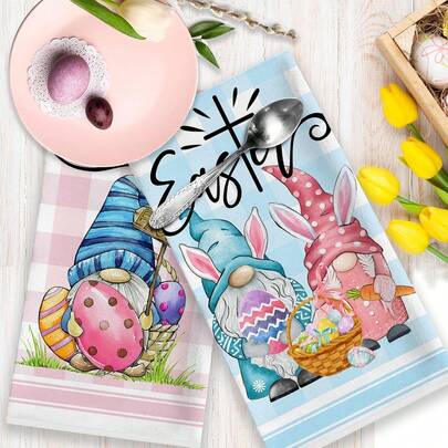 2 szt. wielkanocnych ściereczek kuchennych, niebiesko-różowe ściereczki do naczyń z motywem krasnala, supermiękkie ściereczki z mikrofibry, nadające się do prania w pralce, wiosenne, dekoracja na przyjęcie wielkanocne, do gotowania i sprzątania, prezent na parapetówkę