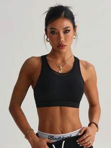 Soutien-gorge de sport en tricot à col rond amovible et rembourré, avec patchwork en maille et dos croisé, couleur unie pour femmes - Noir - Voir 4