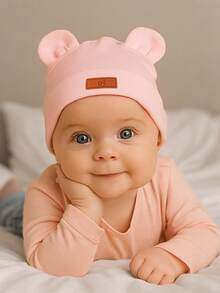 1pc Baby Pink 26 Letter Leather Label Beanie Hat, Cute & Fashionable, Comfortable Stretchy Soft, Suitable For Newborn Babies Spring/Summer Daily Wear And Outings, Great As Birthday Gift - Pink - View 3