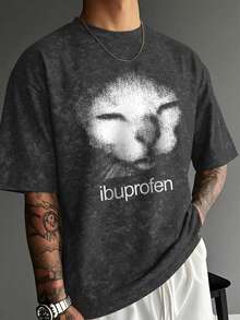 男士时尚百搭休闲趣味拉法帽印花圆领雪花印花T恤，夏季 - 深灰色 - 查看 1