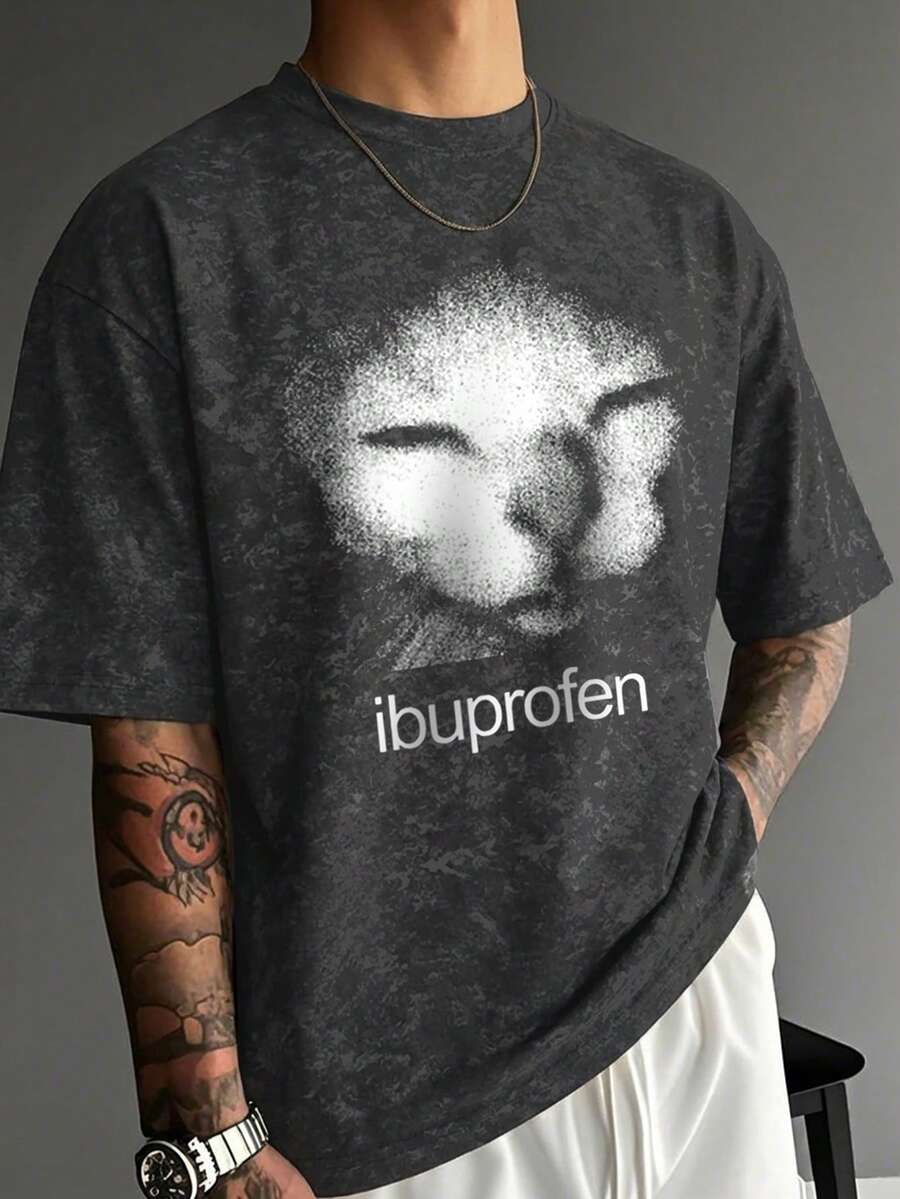 男士时尚百搭休闲趣味拉法帽印花圆领雪花印花T恤，夏季 - 深灰色 - 查看 1