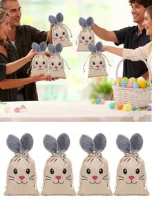 3pcs Easter Gray Plush Rabbit Ear Burlap Bags, Cute Fluffy Rabbit Shape With Drawstring Gift Bags, Easter Party Bags, Candy Snack Packaging Bags, Suitable For Easter Gift Decoration, Party Favor Packaging, Theme Party, Snack Candy Packaging - Type a - View 2