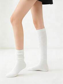 1 Pair White Slouchy Socks, Unisex Mid-Calf Warm Socks For Autumn/Winter - White - View 5