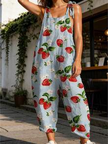 Womenacute;S Spaghetti Strap Jumpsuit Stylish Retro Print Suspender Pants Sleeveless Summer Overalls - 藍色 - 查看 1