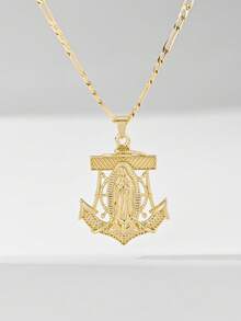 1pc Classic European Style Copper Inlaid Zirconia Fish Hook Guadalupe Virgin Mary Pendant Necklace, Limited Edition, Suitable For Christmas/Thanksgiving/Halloween/Mother's/Valentine's Day Gifts, Catholic First Communion, Everyday Wear And Prayer - Yellow Gold - View 1