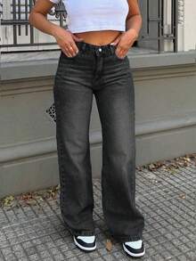 Quần jeans nữ dáng suông rộng rãi, chất liệu denim mài, thích hợp mặc thường ngày. - Xám - Xem 3
