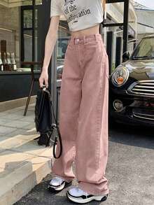 Women's Loose High Waist Wide Leg Casual Denim Jeans, Summer - Pink - View 6