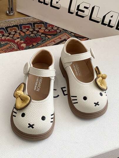 Beige Toddler & Little Kids Cute Cartoon Design PU Bow Fashionable Flat Shoes, Simple Color Tone Convenient Lightweight Casual Children Shoes, Non-Slip Durable Rubber Outsole Shoes, Suitable For Princess Dress And Dresses, Fit For 3-13 Years Old Girls Daily, Birthday Party, Holiday, Beach, 2026 Spring/Summer New Arrival