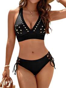 Women's Bikini Set Two Piece Swimsuit Modest Bathing Suit Petal Hollow V Neck Top String Mid Rise Bottom - 黑色 - 查看 6