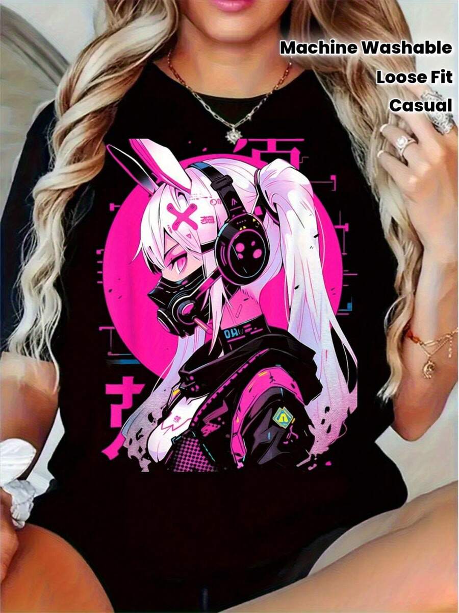 Plus Size-Funny Men's And Women's Round Neck T-Shirt Women's  Fashion T-Shirt,Cyberpunk Anime Bunny Ear T-Shirt - Harajuku Style Pink & Purple Neon Print, Text & Manga Characters, Loose Fit Round Neck Short Sleeve Casual Tee For, Gaming & Casual Attire (Machine Washable) - màu đen - Xem 1