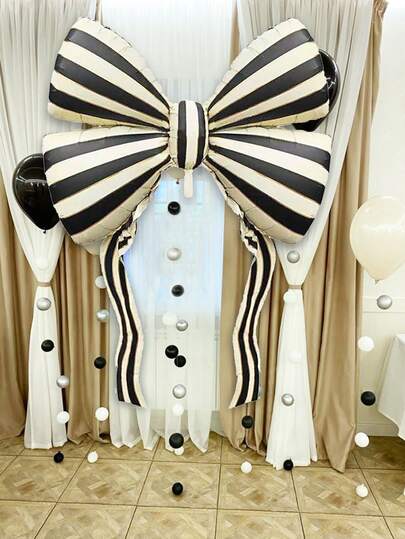 1pc Extra Large 60 Inch Striped Bow Foil Balloon, Black Striped Bow Balloon, For Bow Decor, Birthday, Wedding, Photo Shoot Decor, Bachelorette Party, Influencer Outdoor Shoot, Anniversary, Tea Party, Giant Bow Decor Background, Photo Booth