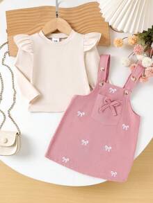 2pcs Baby Girls Cute Stylish Long Sleeve Top + Suspender Dress Set, Lightweight, Spring/Autumn - Pink - View 3
