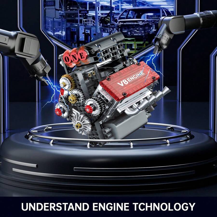 超级跑车V8发动机积木模型套件，可运行积木模型，可自行组装汽车发动机收藏模型 - 完美的生日礼物
