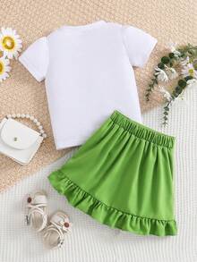 Young Girl Summer Casual Vacation & Daily Commute Letter Print Petal Sleeve T-Shirt And Ruffle Hem Skirt Set - Green - View 2